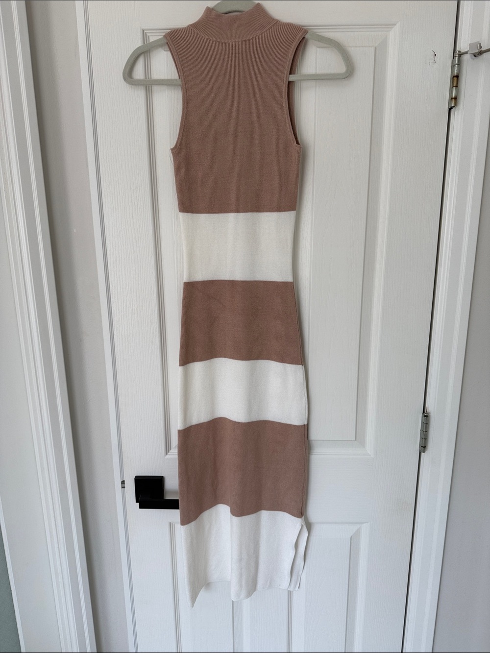Sleeveless Striped Knit Midi Dress in Tan and White